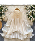 Women Blouse Spring Romantic Rose Blush Floral-Embellished Ruffle Blouse with Elegant Bishop Sleeves Femlae Blusa Top W102