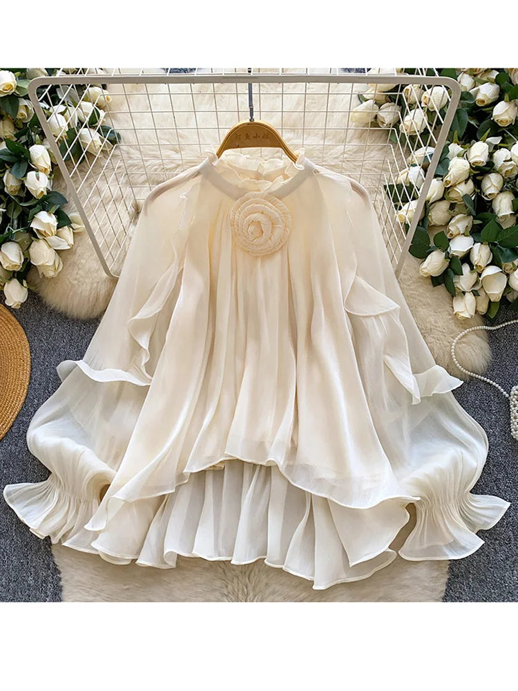 Women Blouse Spring Romantic Rose Blush Floral-Embellished Ruffle Blouse with Elegant Bishop Sleeves Femlae Blusa Top W102