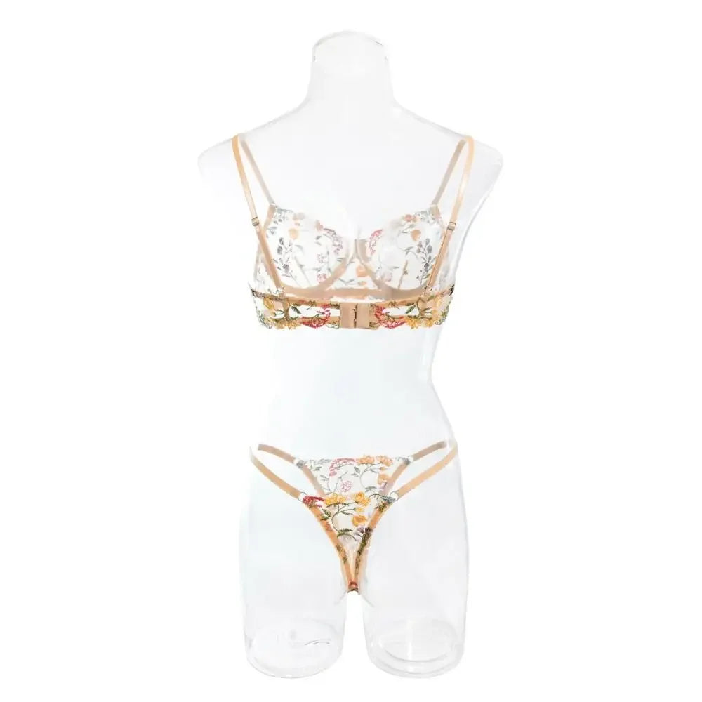 2-Piece Versatile Floral Lingerie Set Embroidery Sheer Women Underwear Intimates
