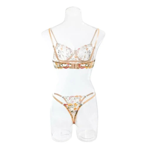 2-Piece Versatile Floral Lingerie Set Embroidery Sheer Women Underwear Intimates