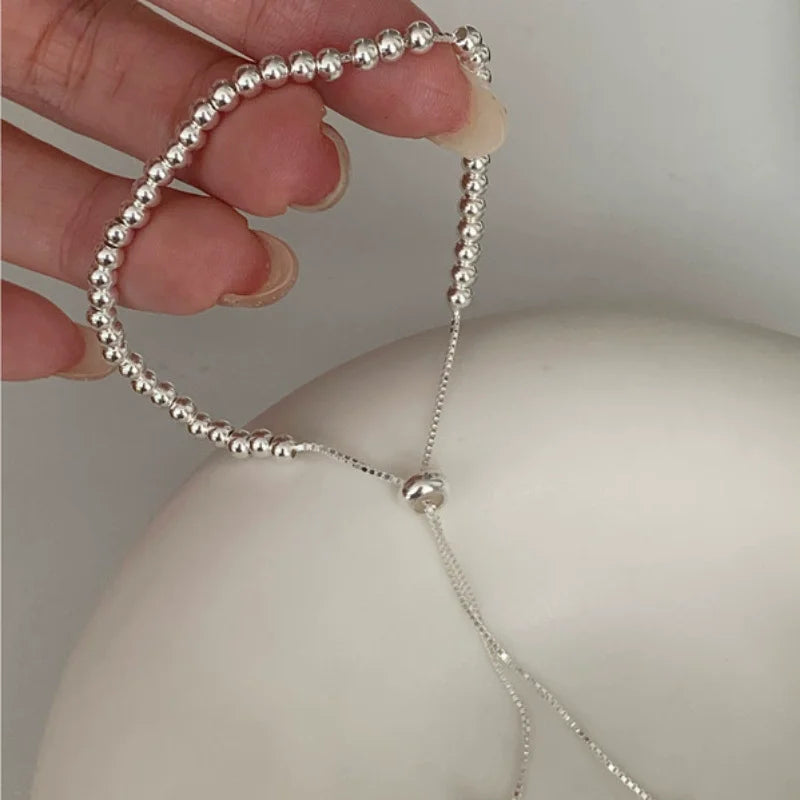 100% Solid 925 Sterling Silver Metal Bracelets for Women Men Beads Adjustable Handmade Simple Bracelet Birthday Christmas Gifts