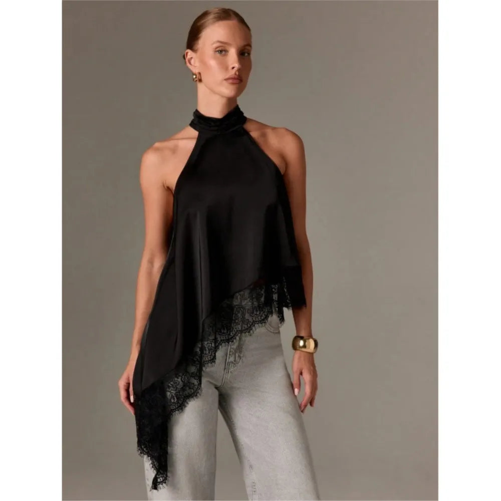 2026 French Blouse For Woman Shirt Top For Woman T Shirt Tee Elegant Temperament Neck Halter Sleeveless Lace Patchwork Irregular