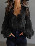 Women's Blouse Black White Elegant Sexy V-neck Lace Splicing Lantern Sleeve Solid Blouse Office Commuter Chic Shirt For Female