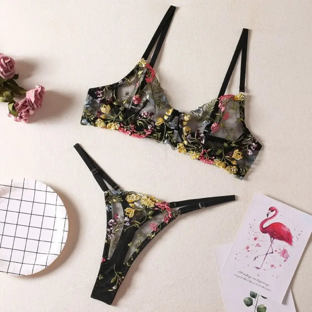 2-Piece Versatile Floral Lingerie Set Embroidery Sheer Women Underwear Intimates