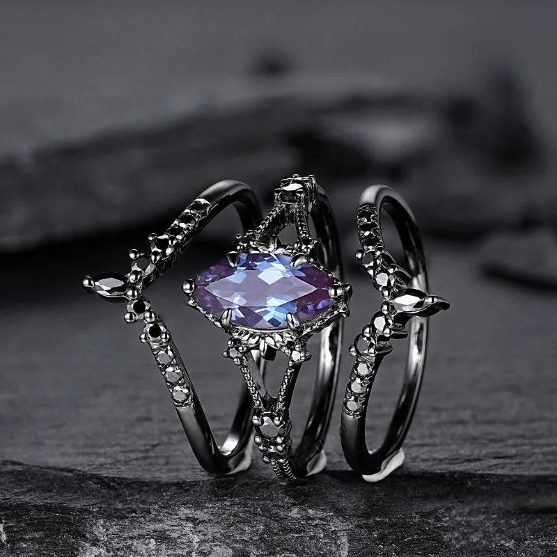 Delicate Women Rings Black Color Oval Round Blue Black Stone Rings Set Party Accessories Gift