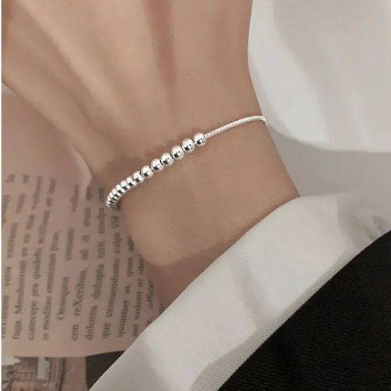 100% Solid 925 Sterling Silver Metal Bracelets for Women Men Beads Adjustable Handmade Simple Bracelet Birthday Christmas Gifts