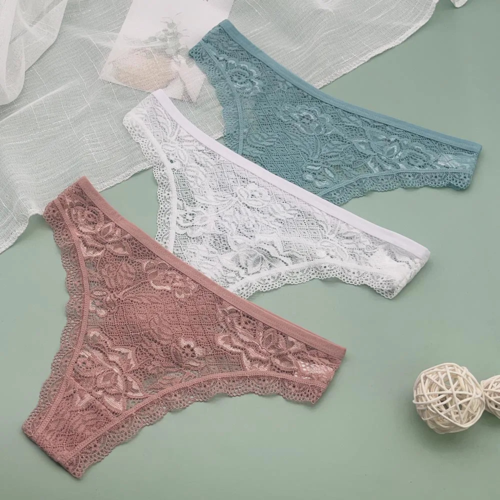 Moonflame 3 Pcs Sexy Lingerie Women Underwear Transparent Lace Thongs Woman Bikini
