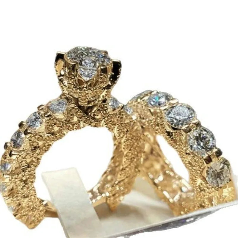 Attractive Women Rings Gold Color Round White Stone Rings Set Party Accessories Gift