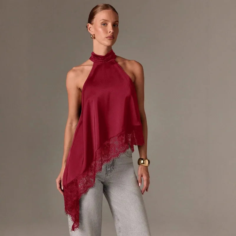 2026 French Blouse For Woman Shirt Top For Woman T Shirt Tee Elegant Temperament Neck Halter Sleeveless Lace Patchwork Irregular