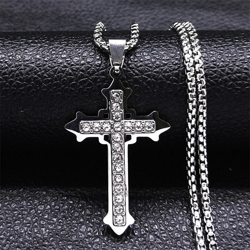 Christian Cross Crucifix Pendant Necklace Gold Color Stainless Steel Catholic Men Chain  Jewelry corrente masculina N4930S02