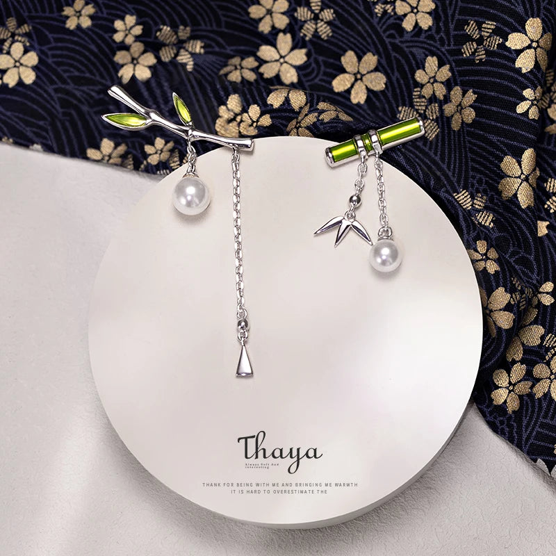 Thaya Trendy Enamel Women Earring Green Bamboo Earring Dangle With Pearl Earring For Women Silver Needle Earring Fashion Jewelry