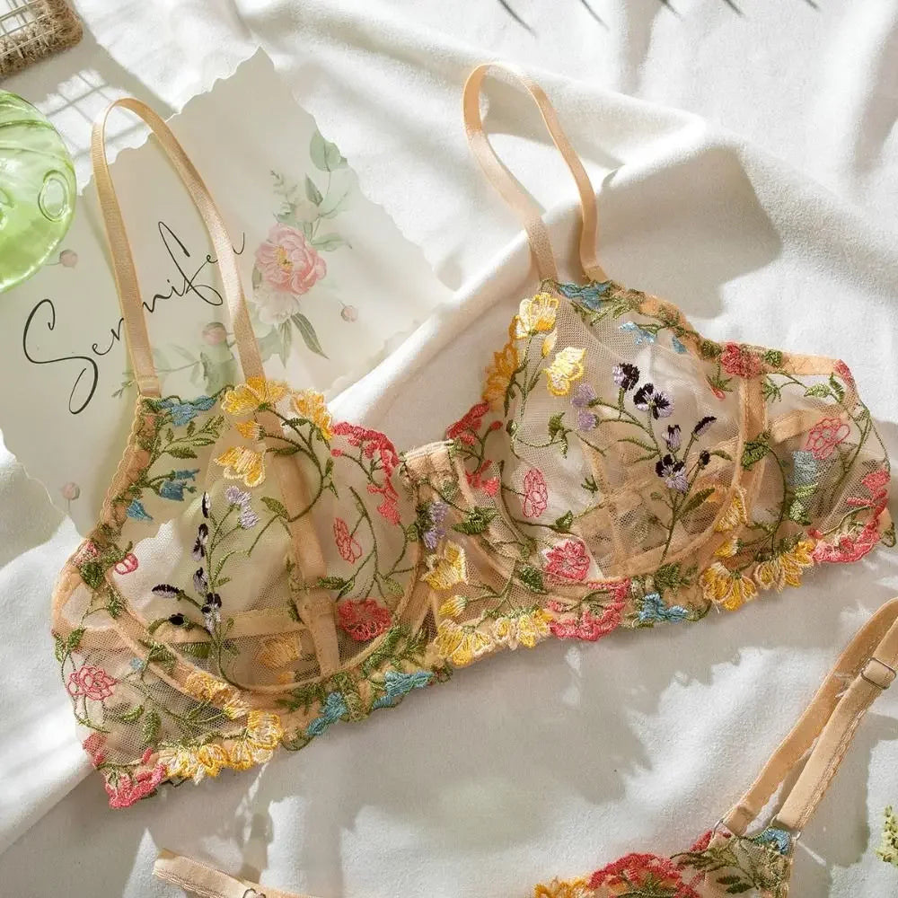 2-Piece Versatile Floral Lingerie Set Embroidery Sheer Women Underwear Intimates