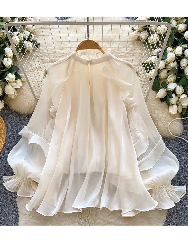 Women Blouse Spring Romantic Rose Blush Floral-Embellished Ruffle Blouse with Elegant Bishop Sleeves Femlae Blusa Top W102