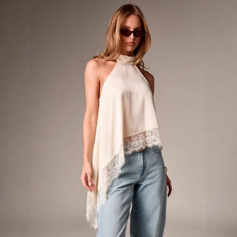 2026 French Blouse For Woman Shirt Top For Woman T Shirt Tee Elegant Temperament Neck Halter Sleeveless Lace Patchwork Irregular