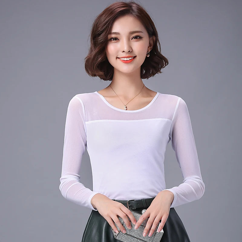 Autumn Winter Black White Bottoming Shirt Round Neck Solid Mesh T Shirt Korean Fashion Women Tops