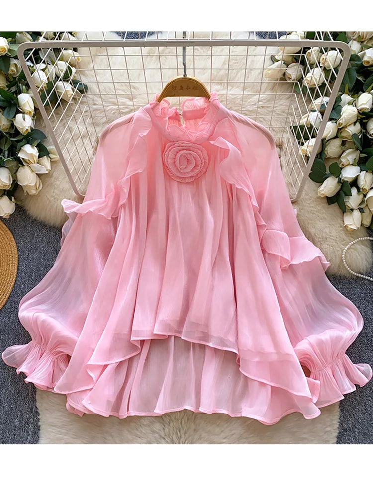Women Blouse Spring Romantic Rose Blush Floral-Embellished Ruffle Blouse with Elegant Bishop Sleeves Femlae Blusa Top W102