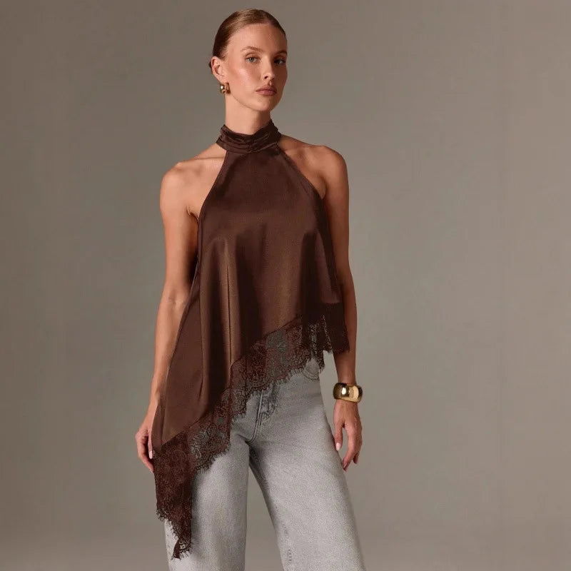 2026 French Blouse For Woman Shirt Top For Woman T Shirt Tee Elegant Temperament Neck Halter Sleeveless Lace Patchwork Irregular