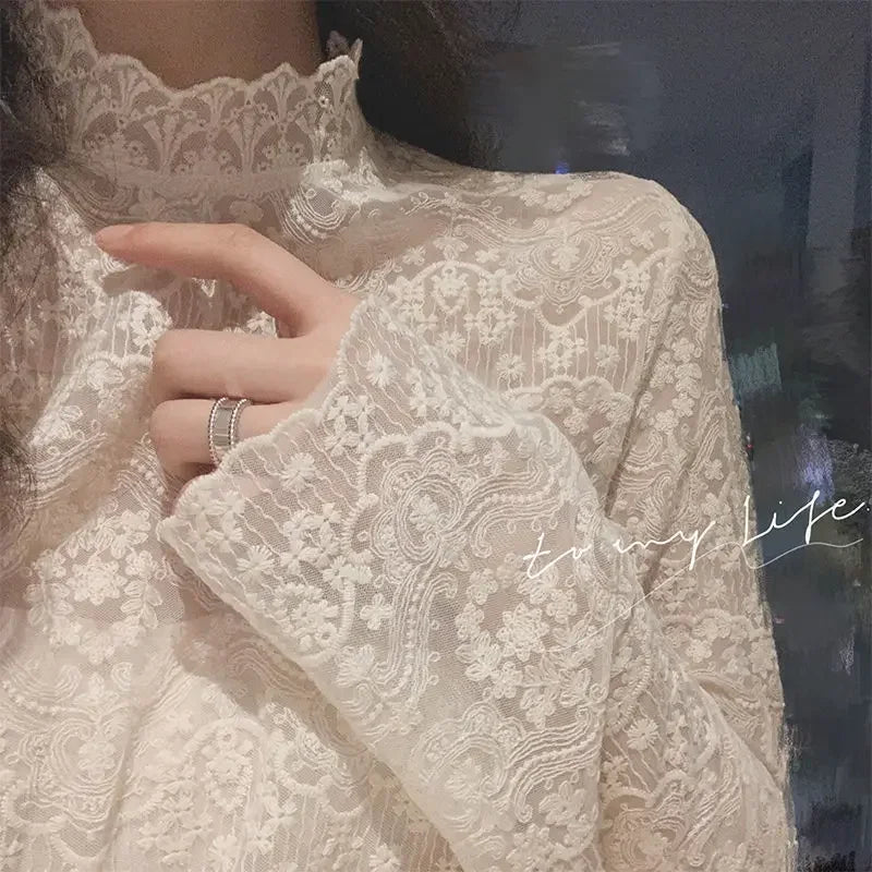 Blouse Women Women's Lace Shirt Autumn Long Sleeve Turtleneck Mesh Top Blusas Ropa De Mujer