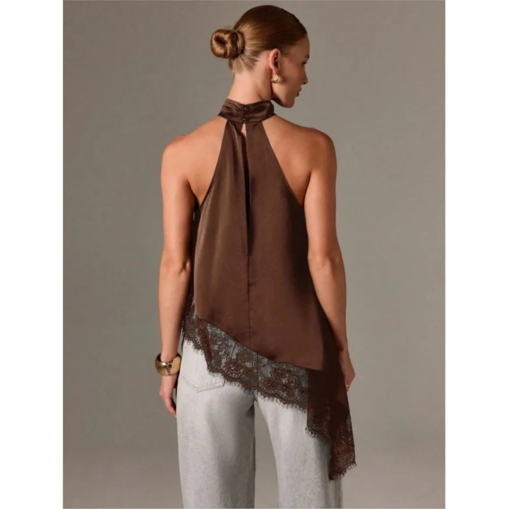 2026 French Blouse For Woman Shirt Top For Woman T Shirt Tee Elegant Temperament Neck Halter Sleeveless Lace Patchwork Irregular