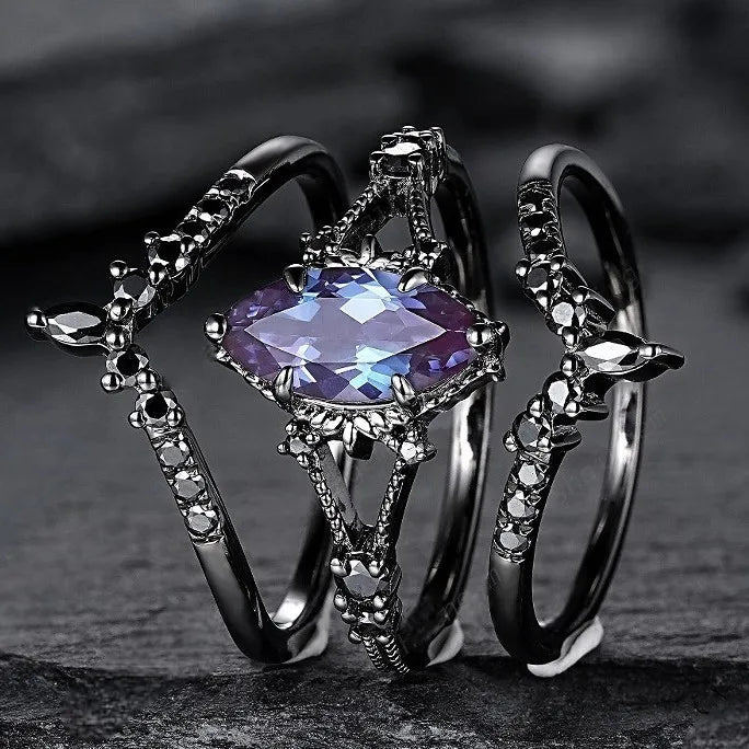 Delicate Women Rings Black Color Oval Round Blue Black Stone Rings Set Party Accessories Gift
