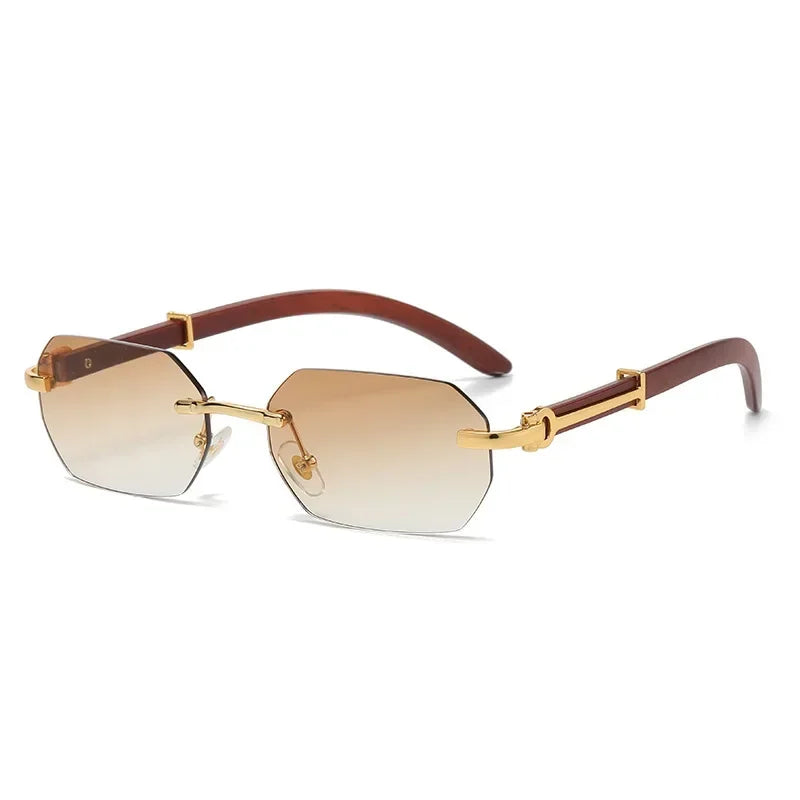 Trendy Rimless Sunglasses for Men Women Frameless Rectangle Wood Frame Sun Glasses Retro Shades Summer Traveling Eyewear UV400