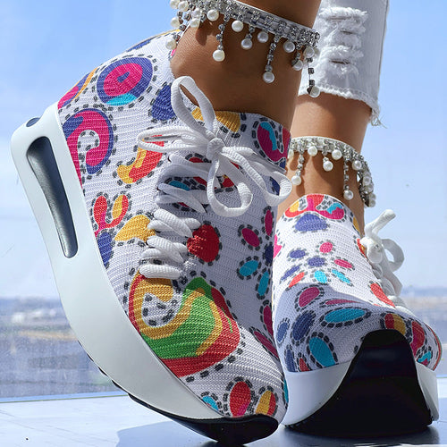 Women's Random Print Side Lace-Up Elastic Sport Shoes, Comfortable