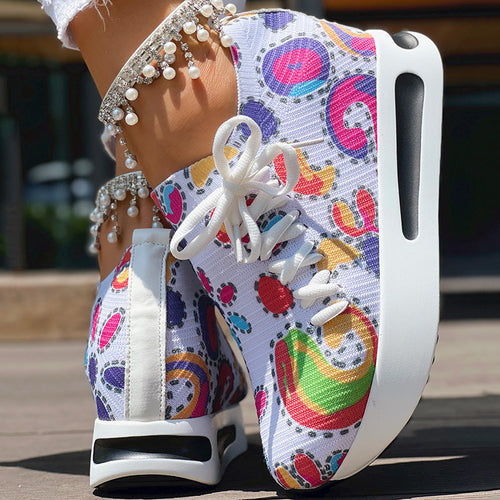 Women's Random Print Side Lace-Up Elastic Sport Shoes, Comfortable