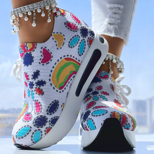 Women's Random Print Side Lace-Up Elastic Sport Shoes, Comfortable